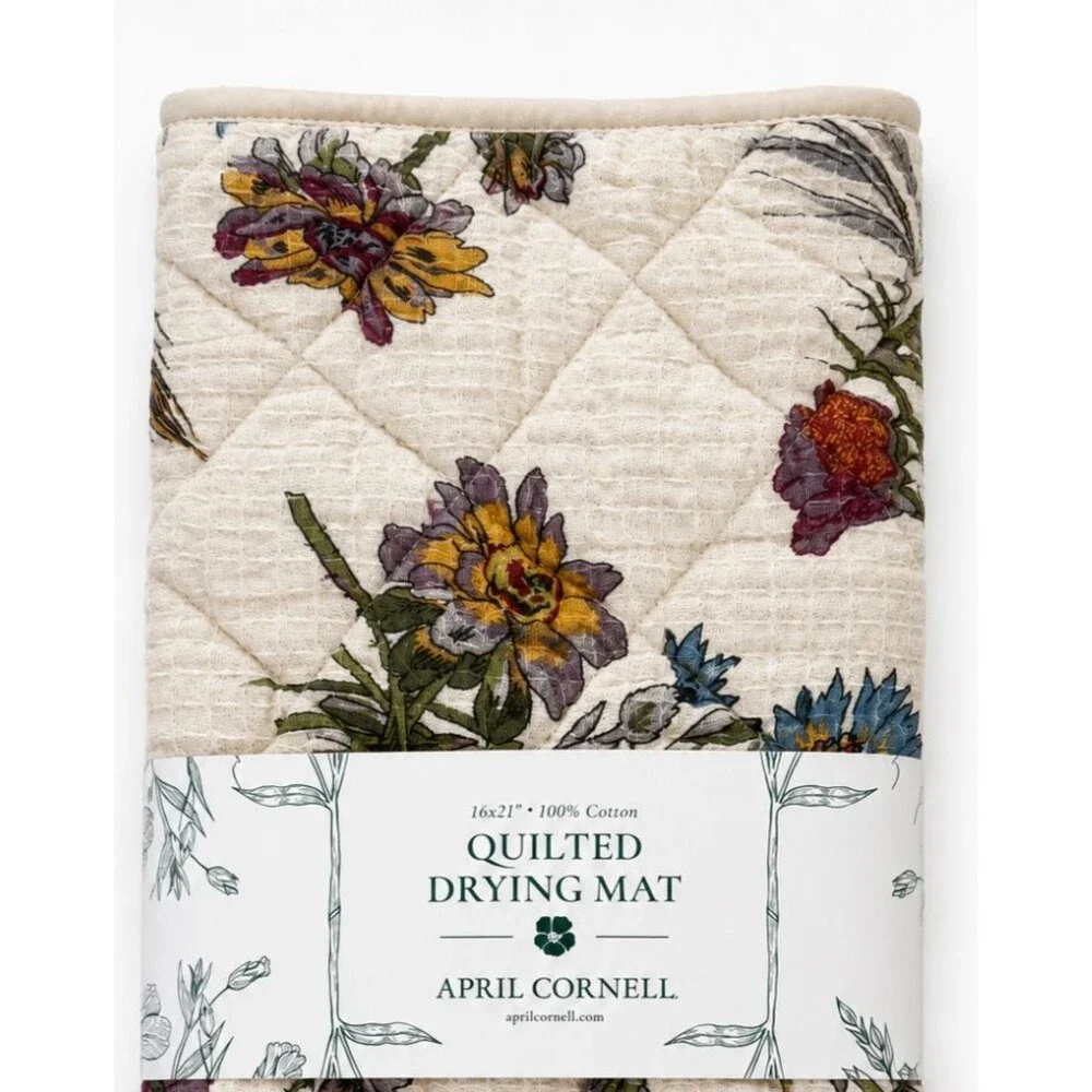 April Cornell Beige WILDFLOWERS Drying Mat Gauze Waffle Weave Top Quilted Back